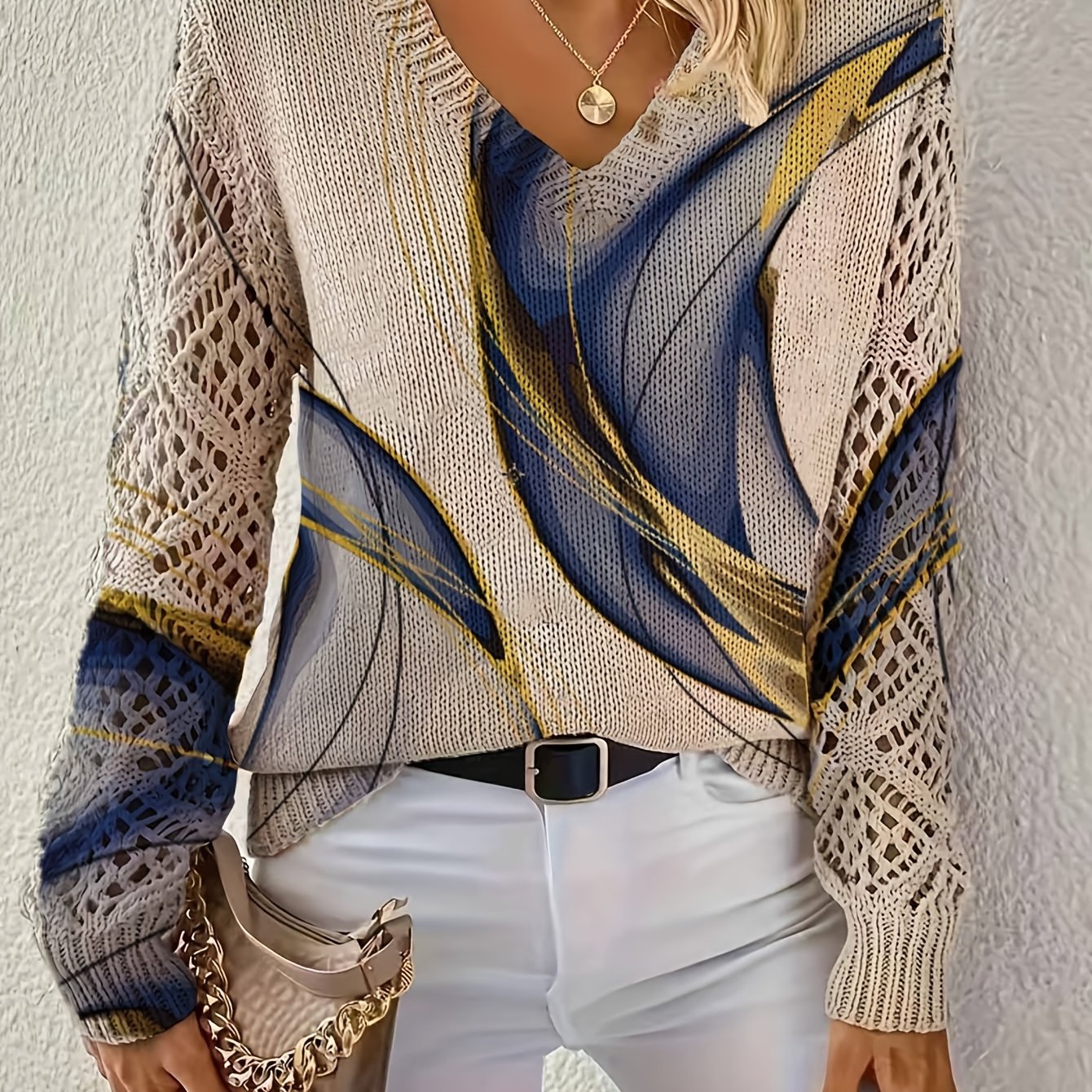 Image of Plus Size - Plus Size - Spring/autumn Style, Hollow-out Design Elegant Women's Wear, Long Sleeve V-neck Turtleneck Sweater Women's Casual