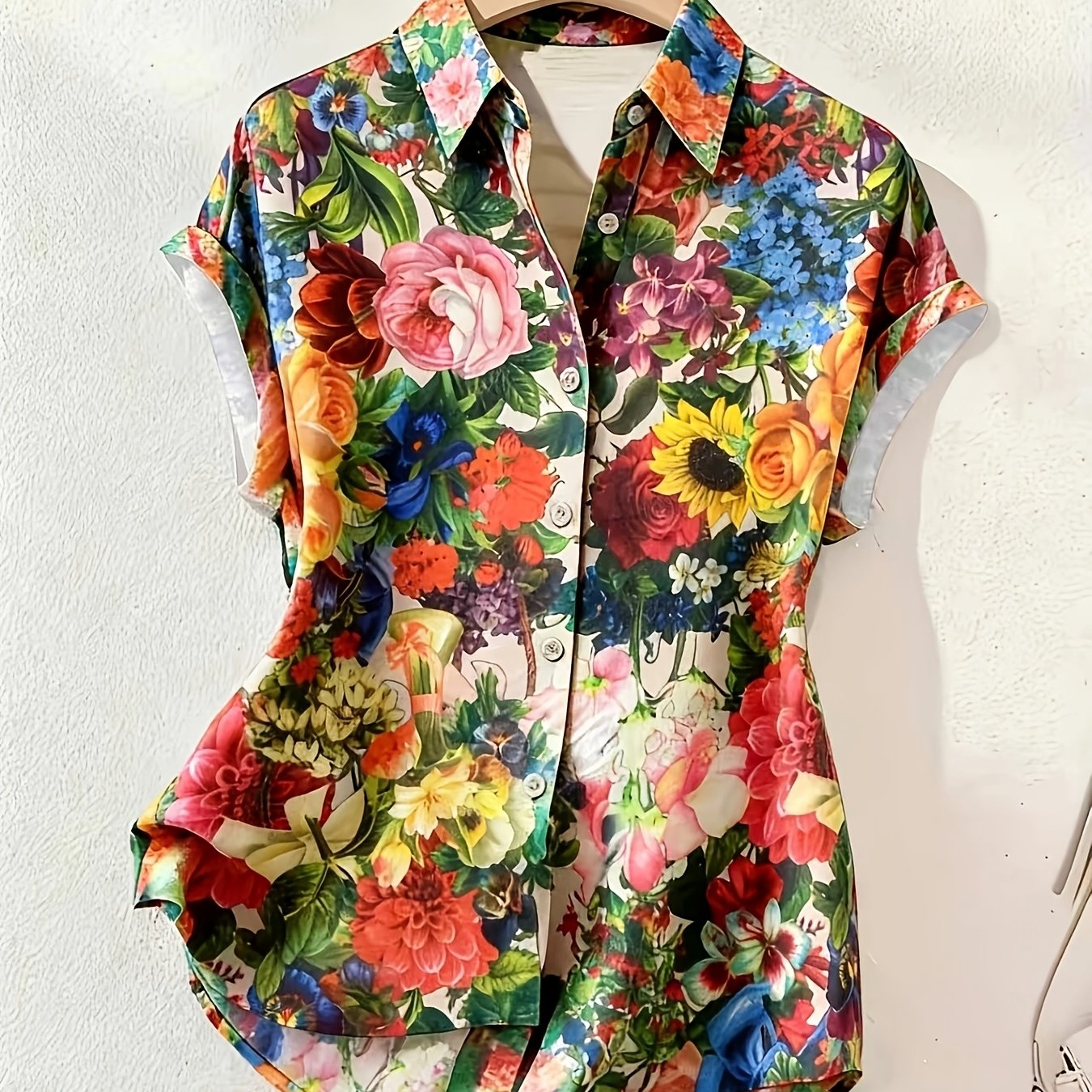 TEMU /summer Floral Women's Blouse With Floral , Drop Shoulders, And Short Sleeves