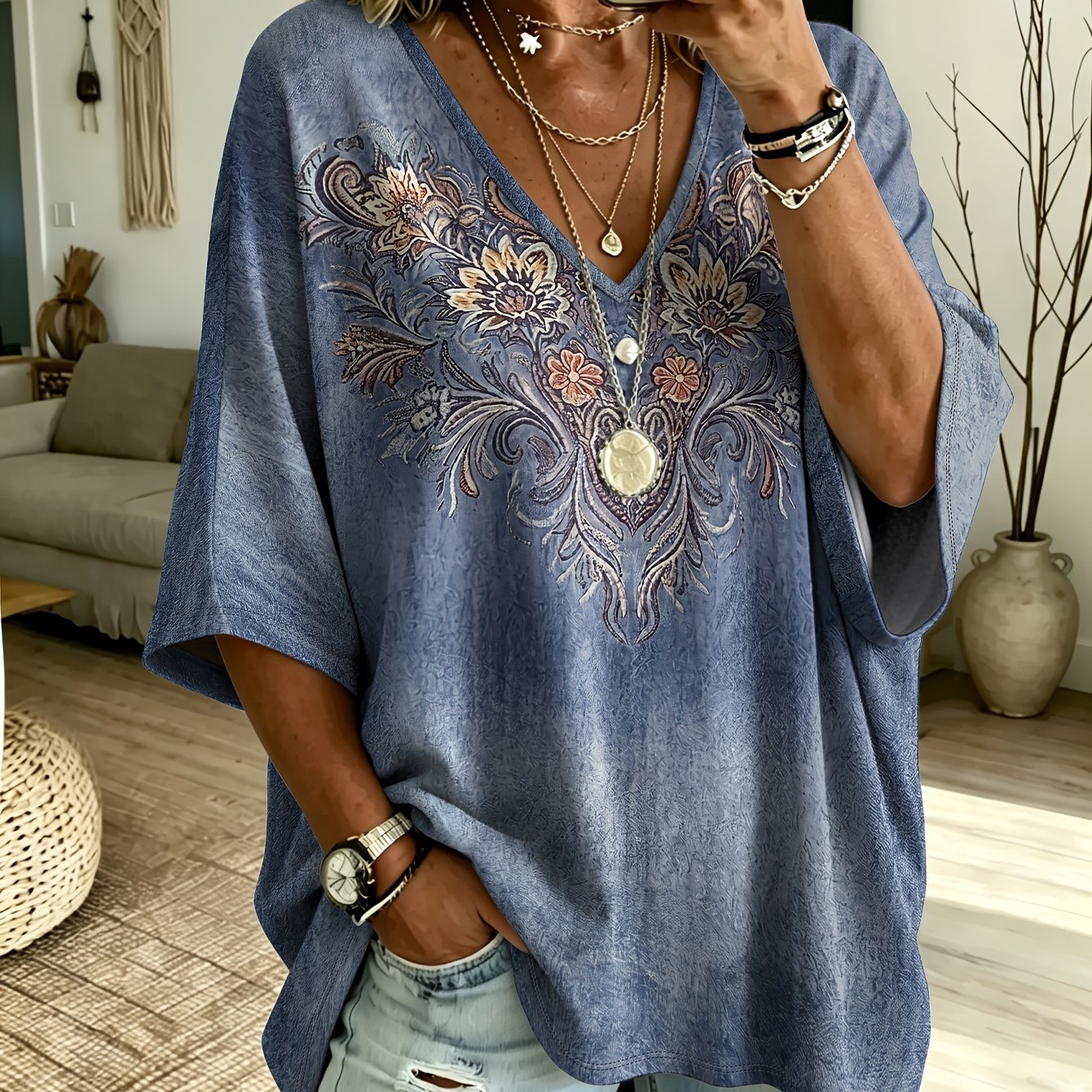 TEMU T-shirt grande taille pour femme, style vintage délavé du , à imprimé floral fausse broderie, avec col en V et manches chauve-souris, haut de