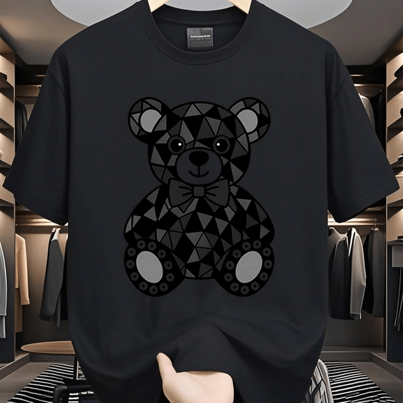 TEMU Men's Geometric Bear T-shirt And Printed Pattern, Round Neck, Unisex, Breathable, Versatile, Machine Washable, Comfortable, Daily, Casual,
