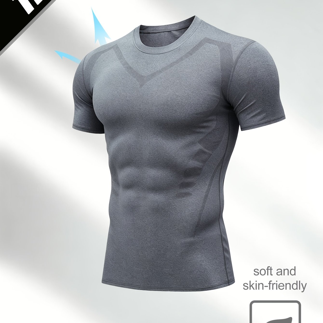 TEMU Men's Breathable And Quick-drying Sports Compression T-shirt, Short-sleeved Design, High Elasticity Fabric, Suitable For Running, Exercising,