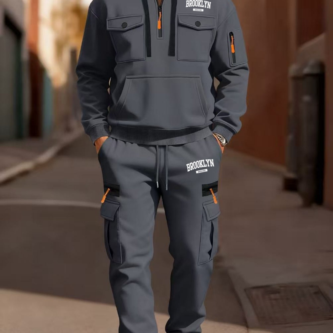 TEMU New Outdoor Men's Fashion Printed Hooded Sweatshirt   Sporty Casual Cargo Pants Set