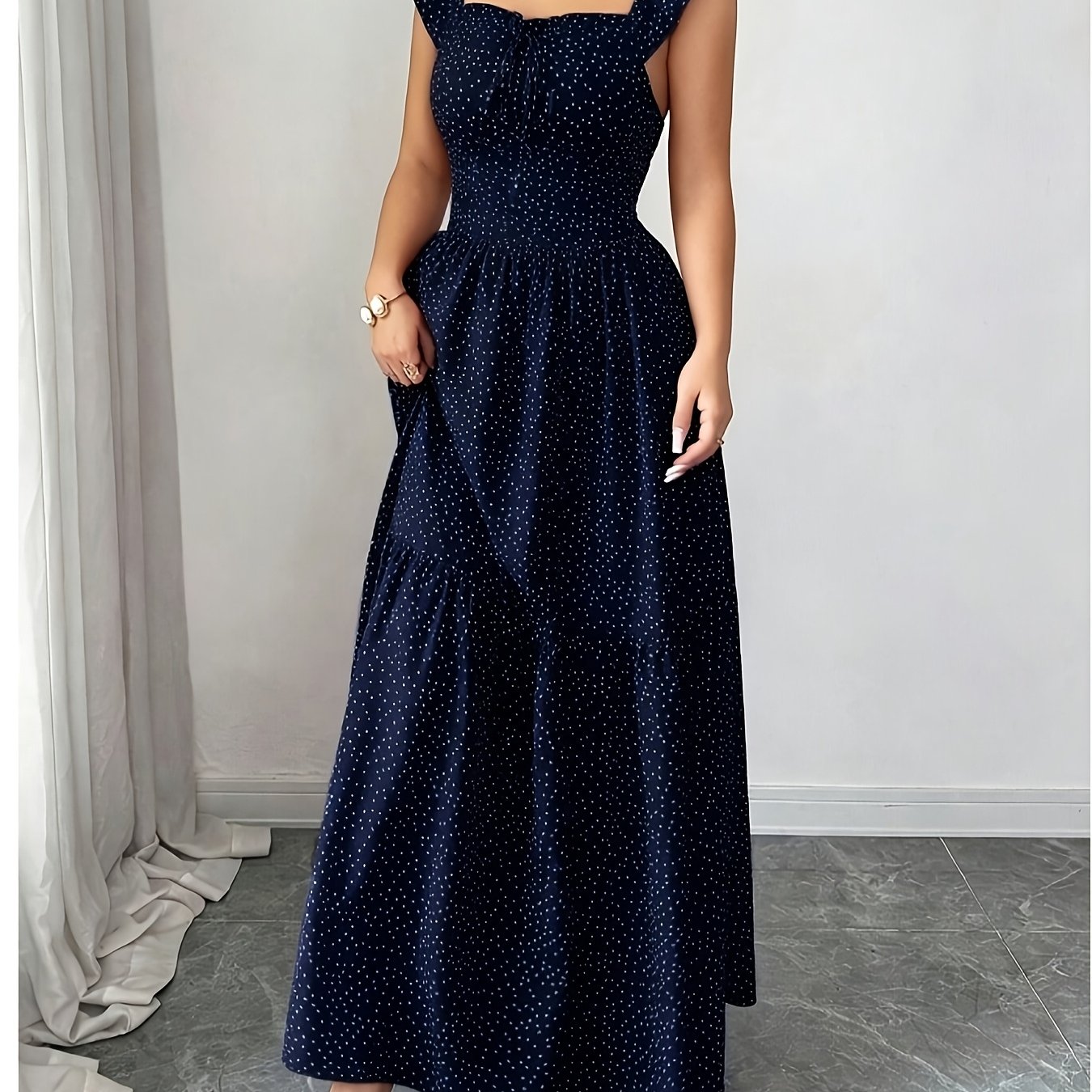 TEMU Women's Elegant Polka Dot Backless Bridesmaid Dress - Sleeveless Square Neckline A-line Wedding Guest Dress With Tie- Fitted Waist, Suitable For