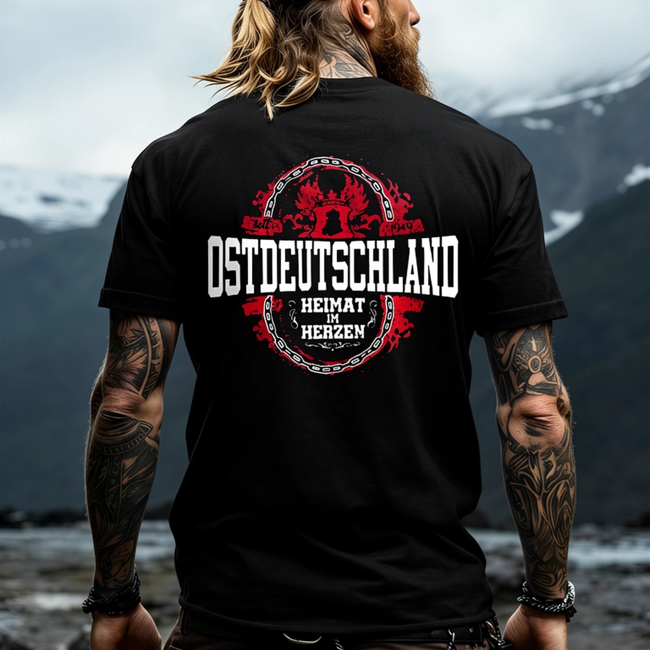 Image of Black T Shirt With Ostdeutschland Heimat Im Herzen Print And Red Dragon Design For Casual Wear - Men's Crew Neck Casual T-shirt