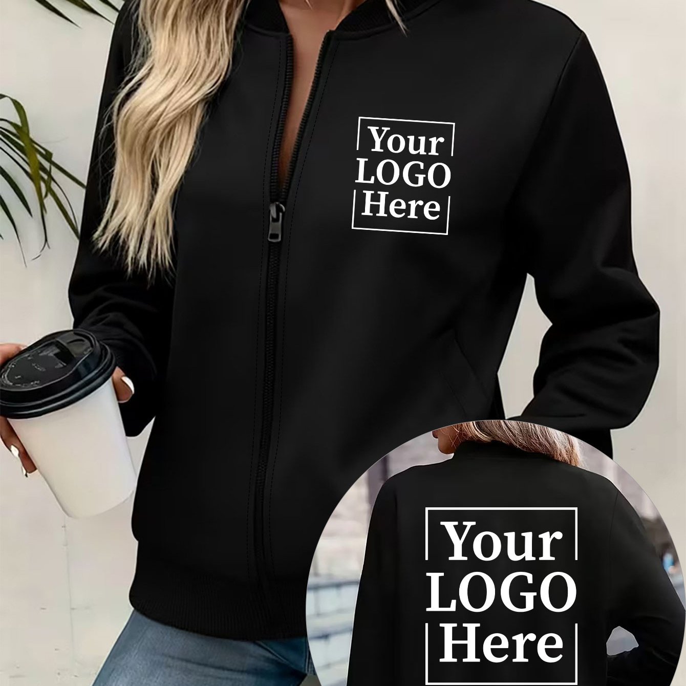 TEMU Women's Diy Printable Front And Back Jacket, Custom Print Y2k Fashion Elegant Lined Zip-up Jacket, Casual Long Sleeve Style, Outdoor Apparel,