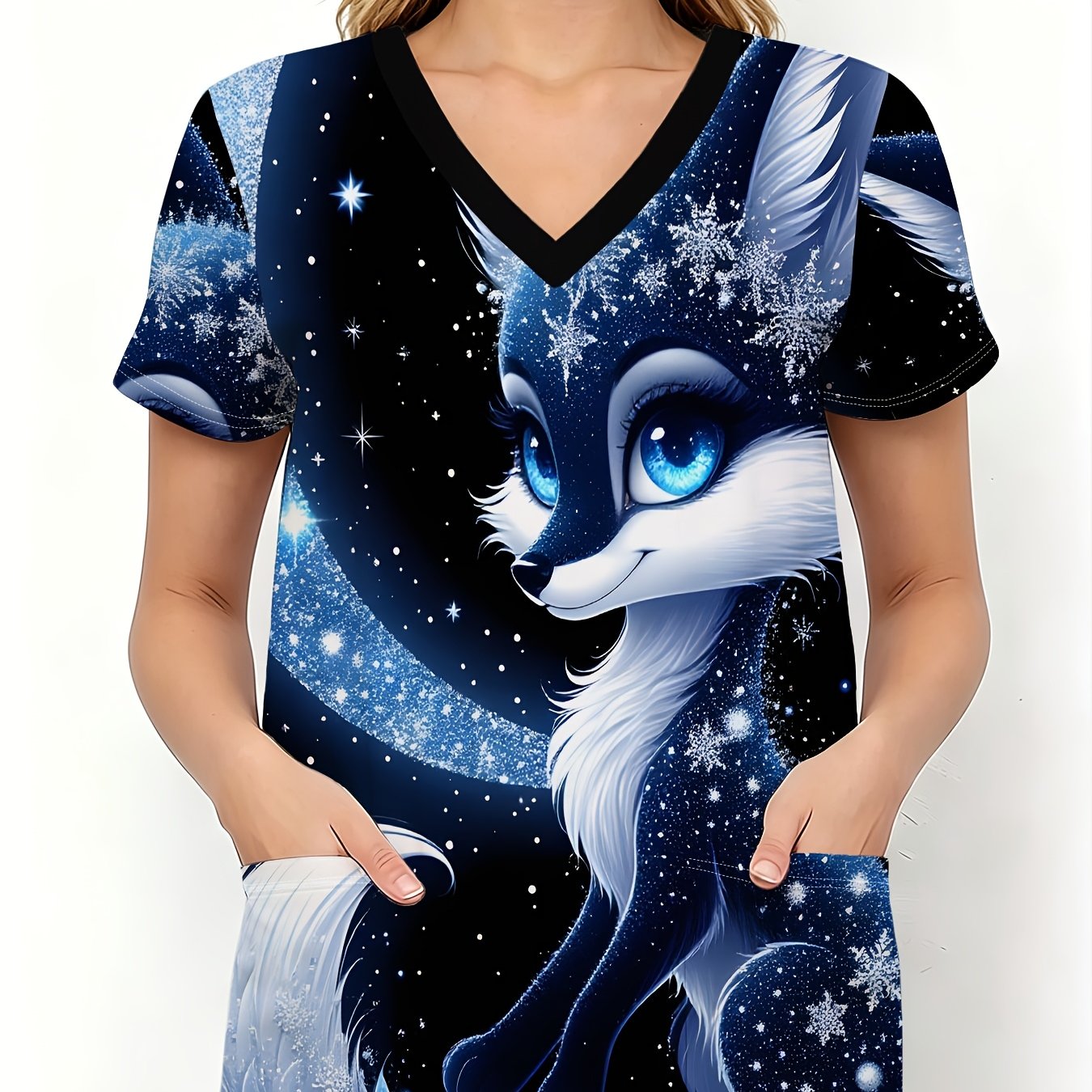 TEMU Haut à manches courtes pour femme avec col en V et poche, T-shirt tendance avec imprimé renard dans étoilé . est alterné bleu et blanc, entouré