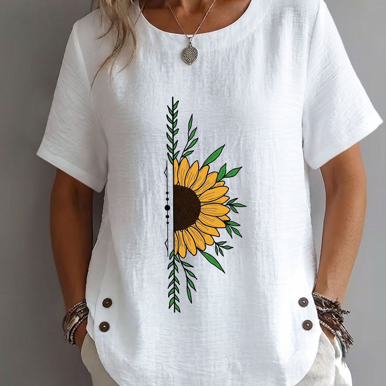 TEMU Spring/summer Women's Top, , Sunflower, Branches And Leaves, Vine Print, Elegant, Mature, Casual, Round Neck, Short Sleeve, Women's Clothing