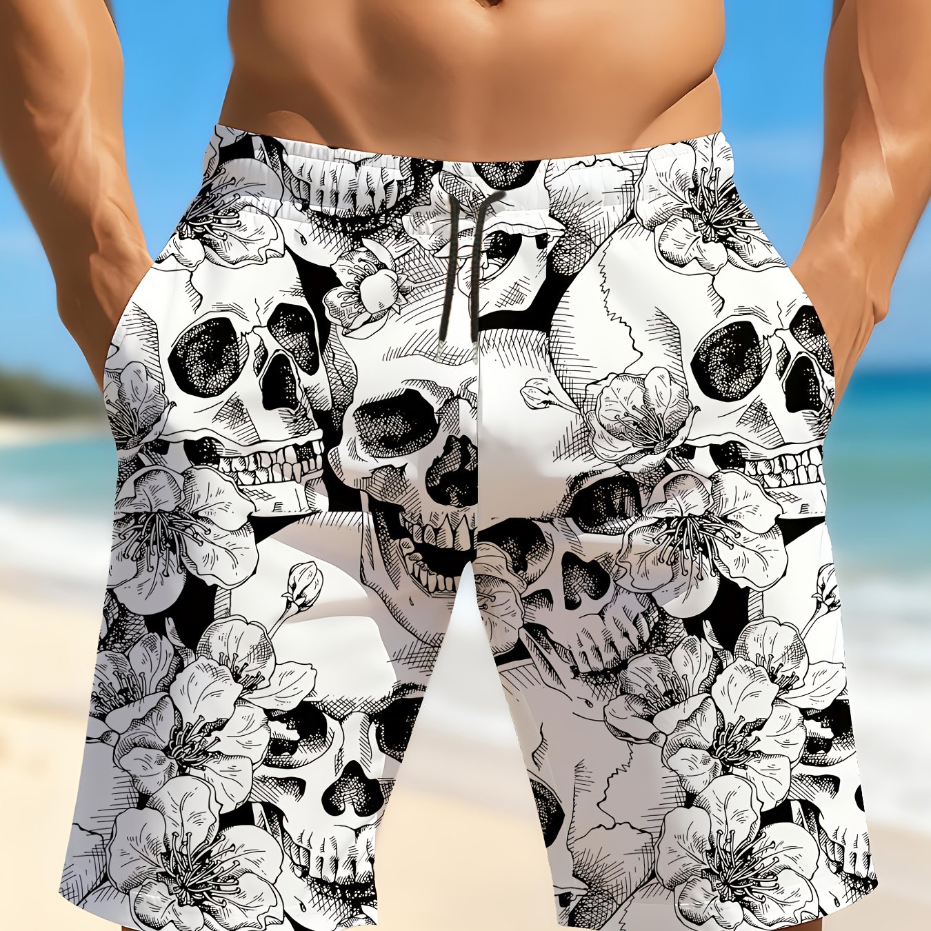 E-shop Schnelltrocknende Badeshorts für Herren mit Totenkopf-Ganzflächen-Aufdruck – Leichte Strandshorts mit Kordelzug Tasche für Surfen, Schwimmen,