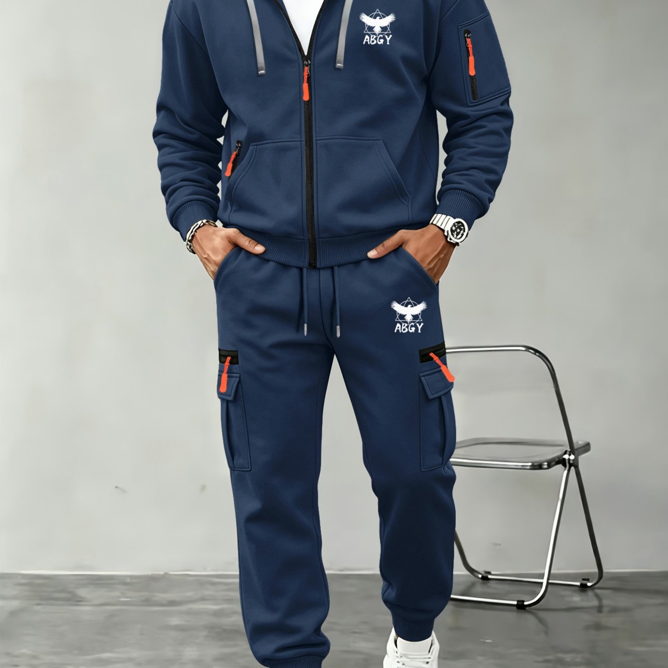 TEMU Men's Hooded Casual Sweatshirt And Cargo Pants 2pcs Set, Eagle Letter Print Multi-pocket Complete Outfit
