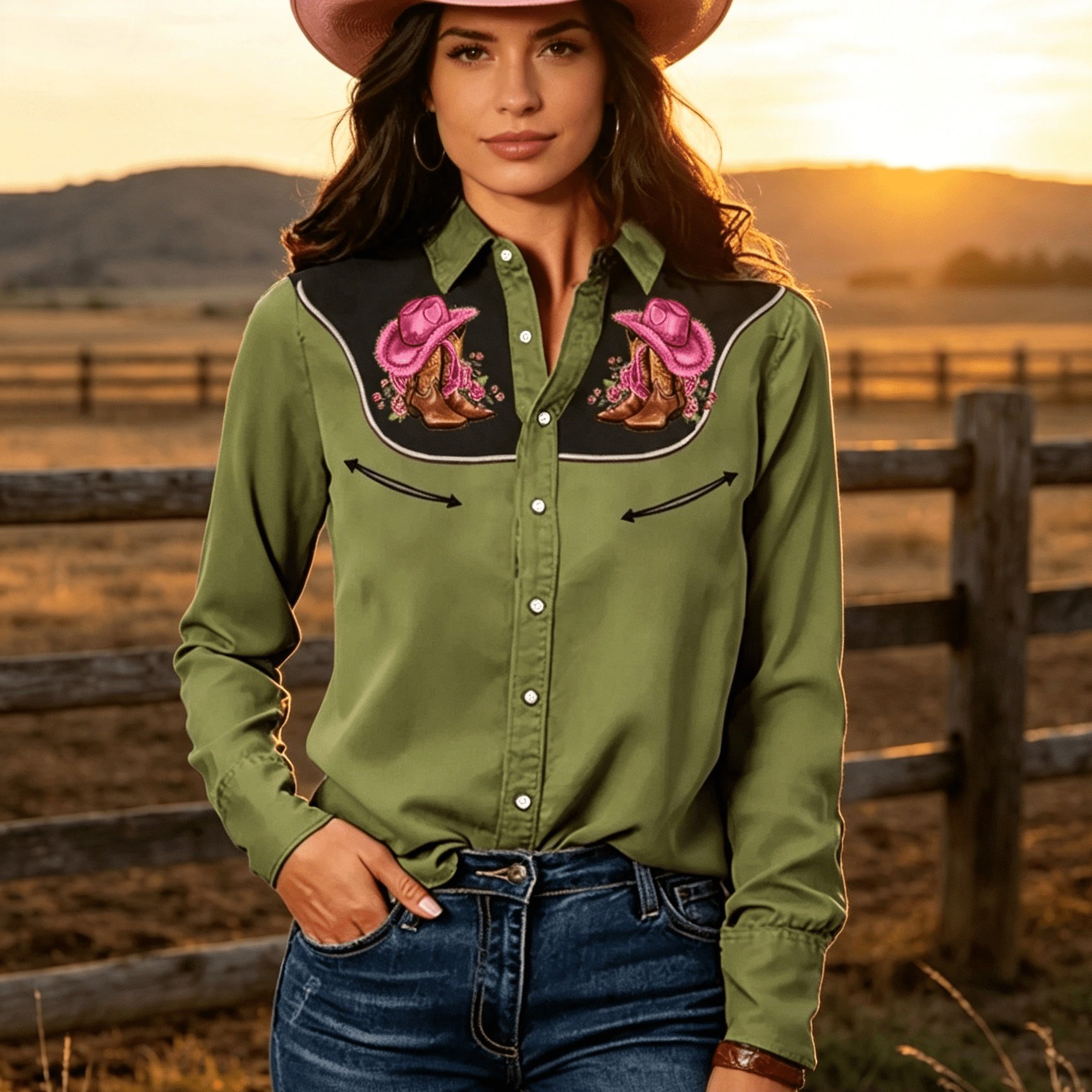TEMU [printed Design - Not Texture] Women's Fashion Casual Long Sleeve Shirt, Featuring Retro Cowboy Hat And High Heel Print, Lapel Button-up Style.
