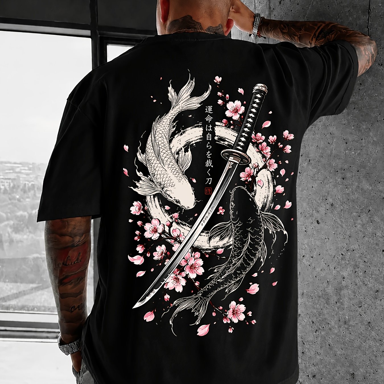 TEMU Men's Vintage Trendy Japanese Yin Yang Koi Cherry Back Print Loose Short Sleeve T-shirt