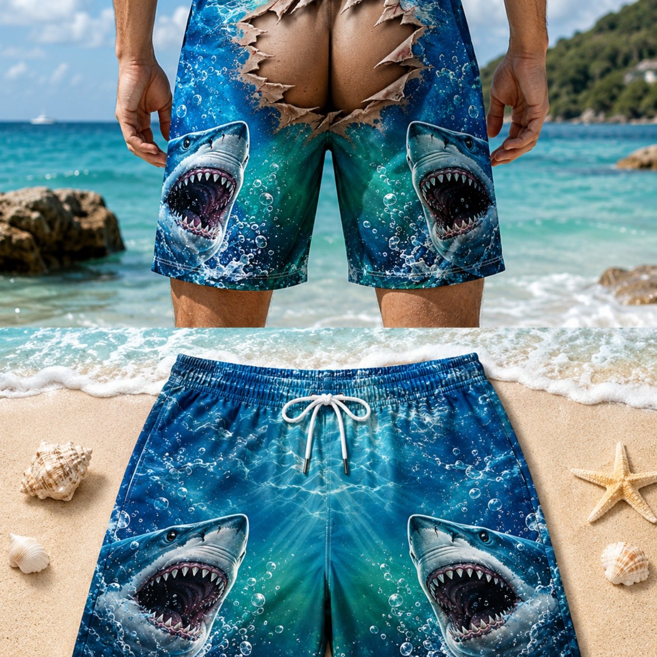 TEMU Men's Shark-themed Swim Shorts With 3d Shark Print & Ripped Look - Elastic Drawstring Surf Board Shorts Suitable For Surfing, Beachwear, Pool,