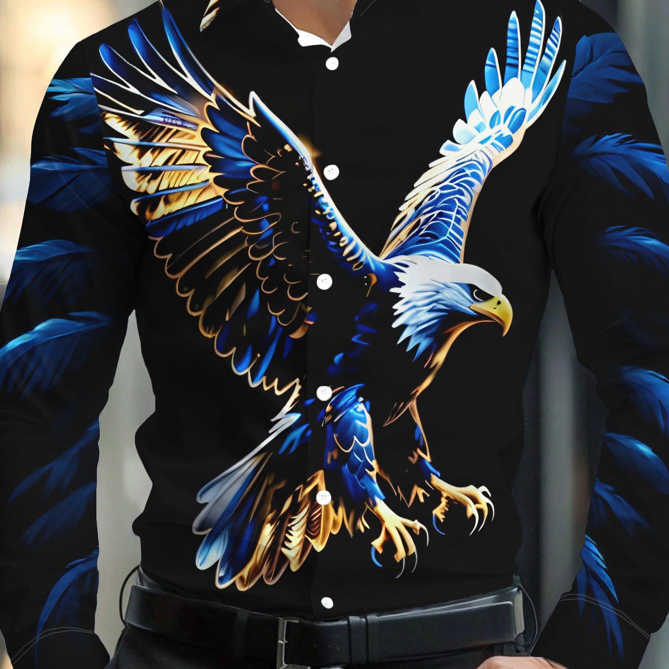 TEMU Men's Fashion Long Sleeve Shirt With And Golden Eagle Background Print, Casual Outdoor Wear Top