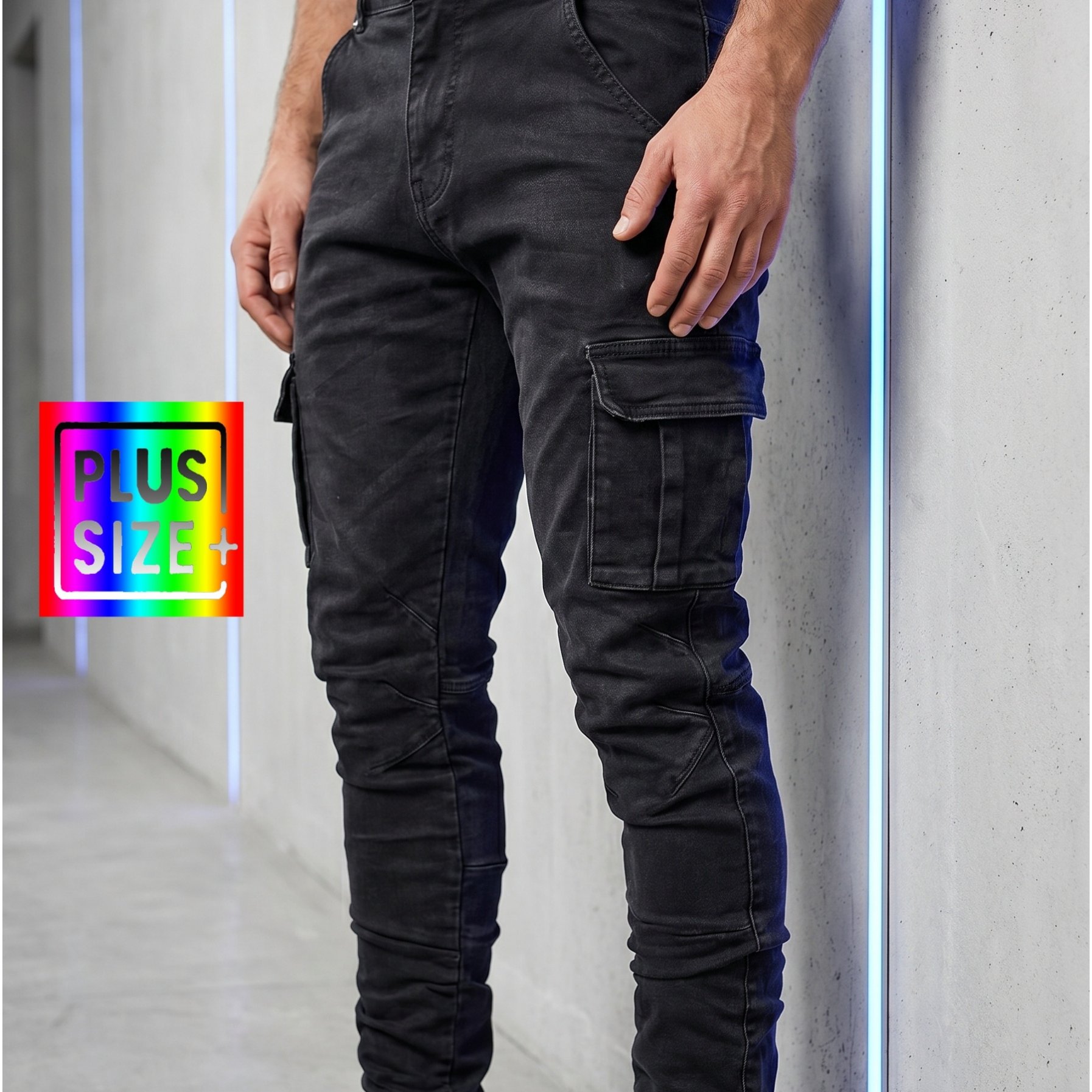 Image of Hme-men's Black And Gray Workwear-style Denim Pants: Plus Size, Stretch, Slim Fit, Multi-pocket, Stylish And Casual. The For A . Allows For Without Restriction., Plus Size