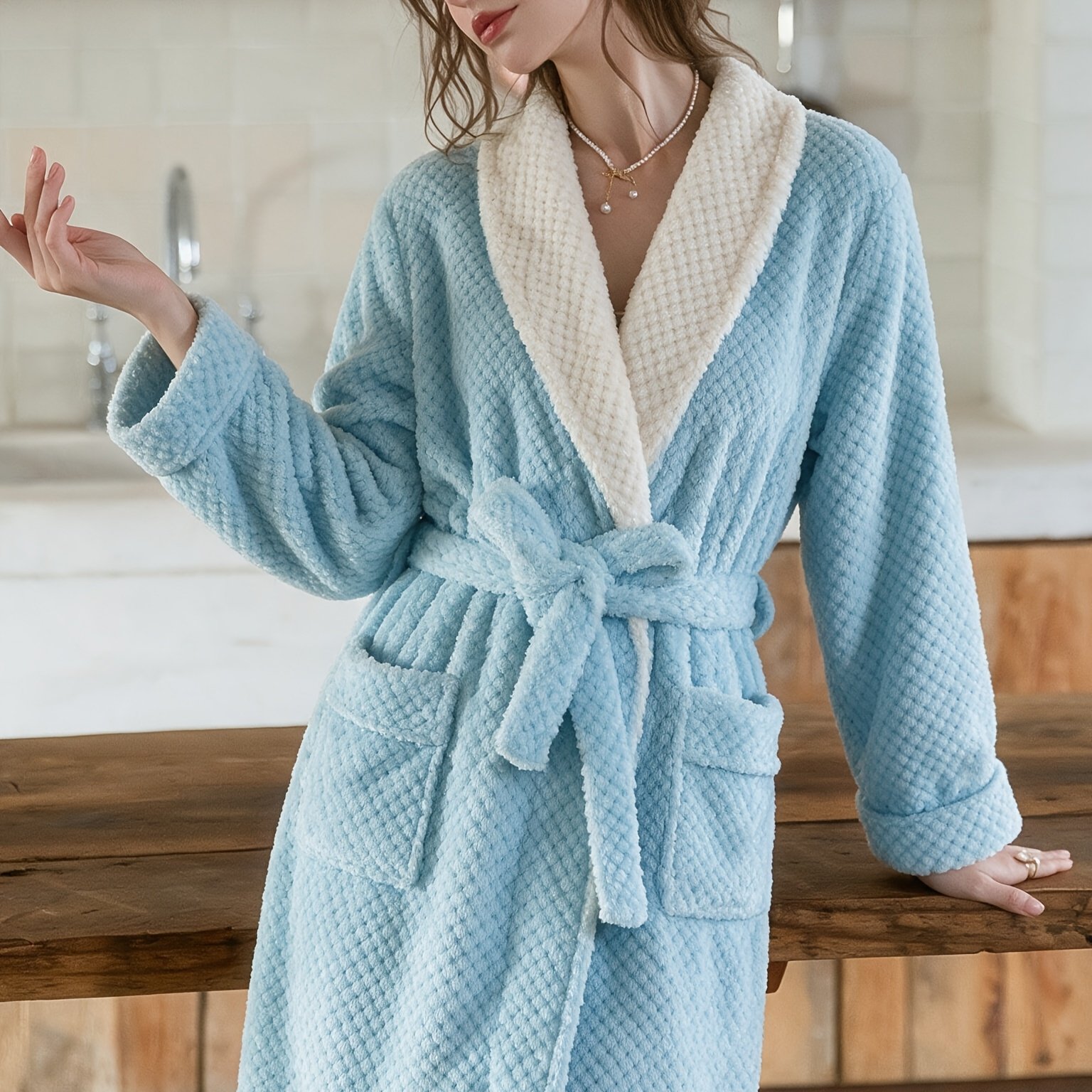 TEMU Women's Robe Long Autumn And Winter New Warm V-neck Adult Bathrobe Quick-drying Absorbent Flannel Can Wear Hotel Nightgown.