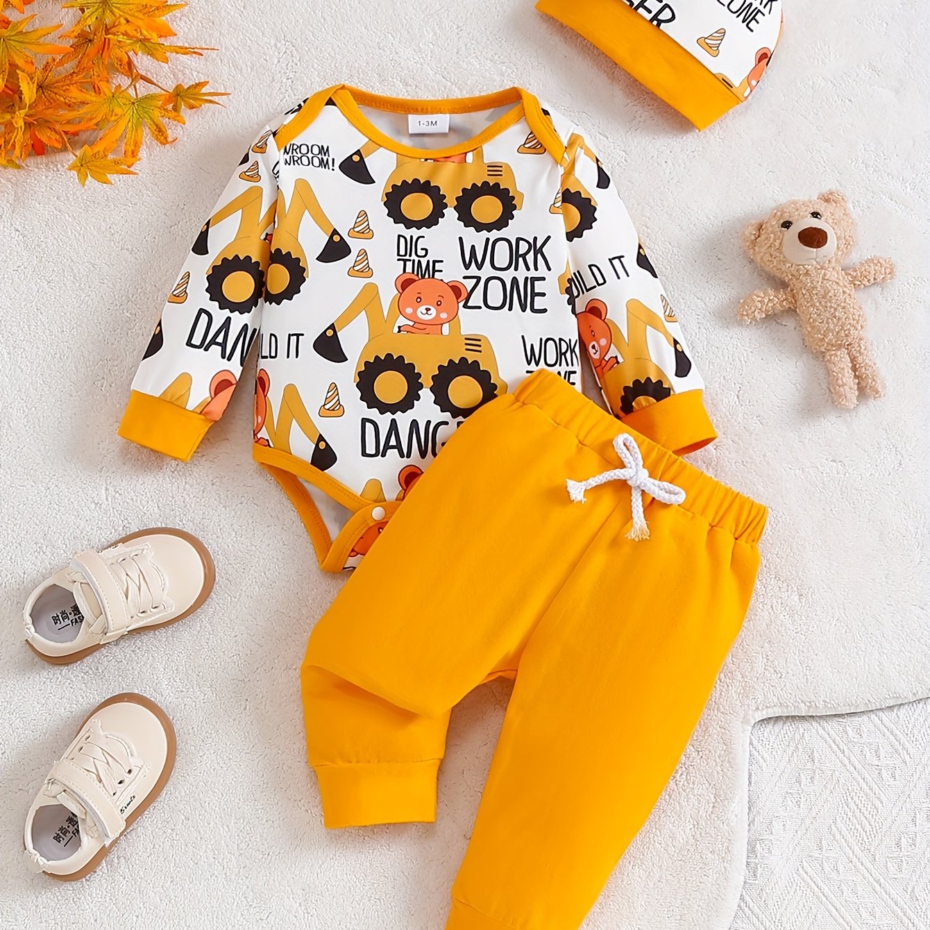 Image of Outdoor Casual 3pcs Newborn Cartoon Little Bear Excavator Pattern Bodysuit Hat And Casual Pants Set, For Outdoor, Boys And Gilrs Clothes