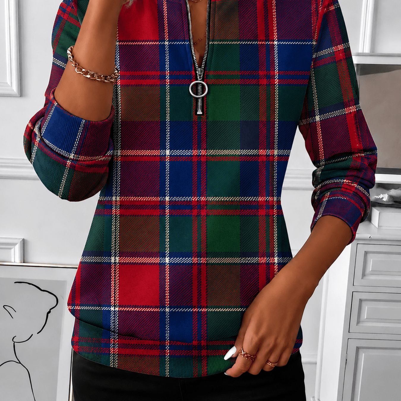Image of Print Quarter Zip Long Sleeve Casual Pullover Fall Winter Everyday Outfits Plus-size Women's Clothing Perfect For Casual And Athletic Settings