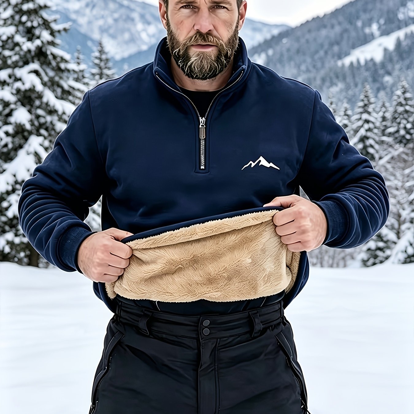 TEMU Cold Resistant And Warm! Men's Lined Half Zip Hoodie With Versatile Warm Base For Autumn And Winter, Outdoor Camping And Mountaineering Clothes,