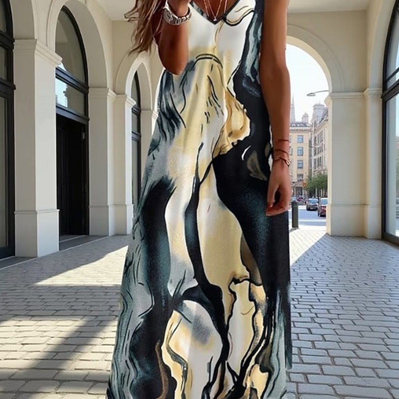 Image of Plus Size - Plus Size - Plus Size Women's V-neck Slip Maxi Dress, Elegant Trendy Curvy Women's Tie-dye Print Spaghetti Strap A-line Dress For Casual Wear, Curvy Plus Size Women Clothing