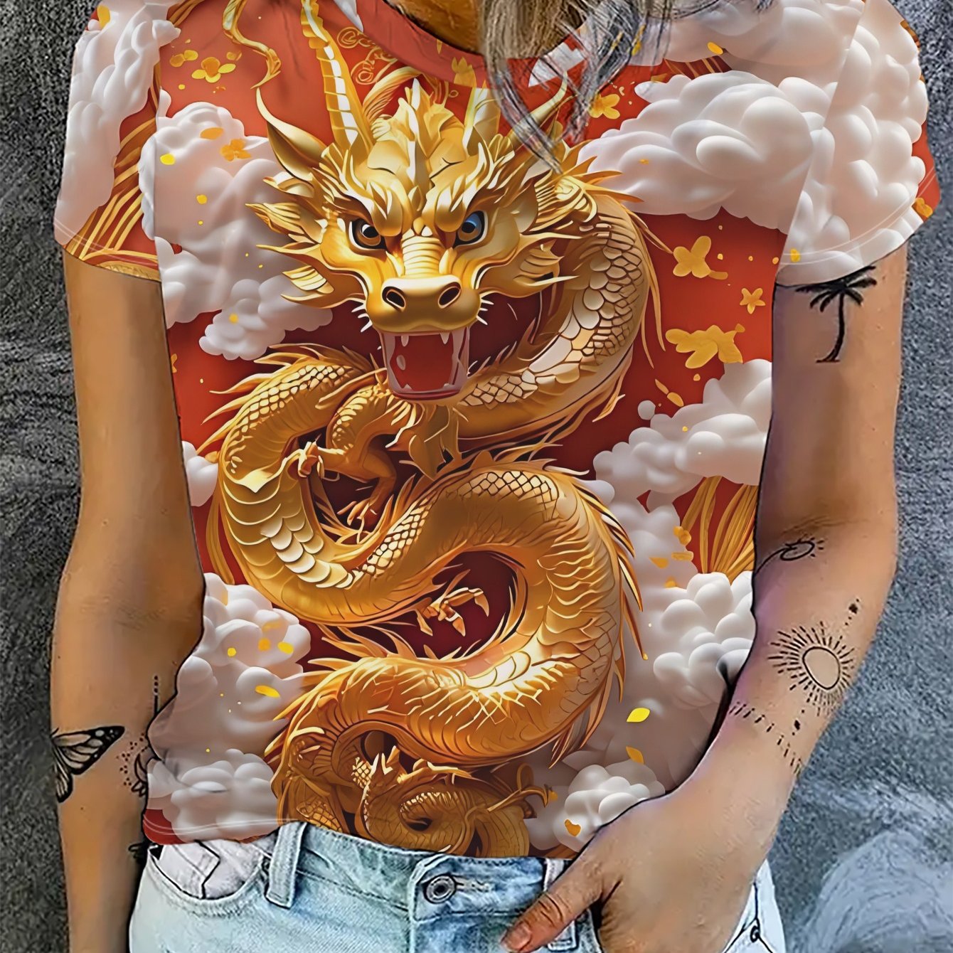 TEMU Dames T-shirt met korte mouwen en een gouden drakenprint in Chinese stijl, gemaakt van , perfect voor zomerse mode met een ronde hals