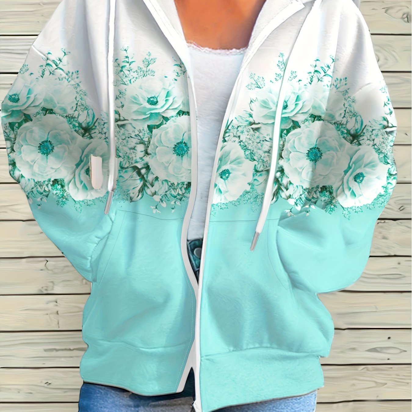 Plus Size, Floral Print Hooded Casual Jacket