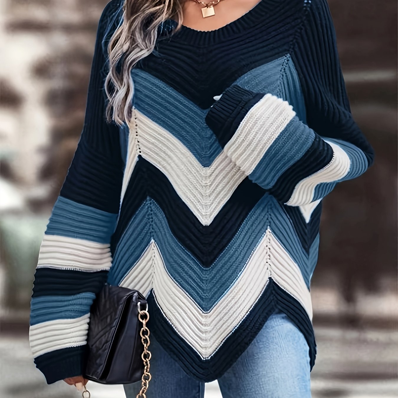 TEMU Autumn Winter V-neck Color-block Striped Irregular Hem Loose Sweater Women's