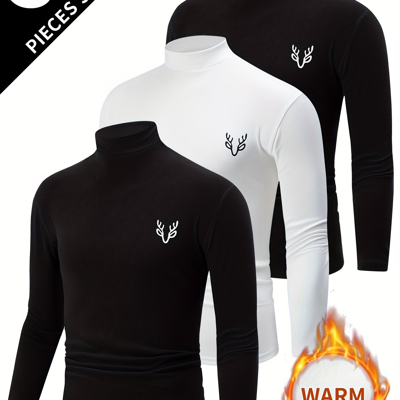 3pcs Mixed Color Men's Thermal Underwear Top Turtleneck Long-sleeved T-shirt Men's Autumn And Winter Lapel Thickened Warm Casual Inner Wear Brushed Base Shirt Warm Sweatshirt Top