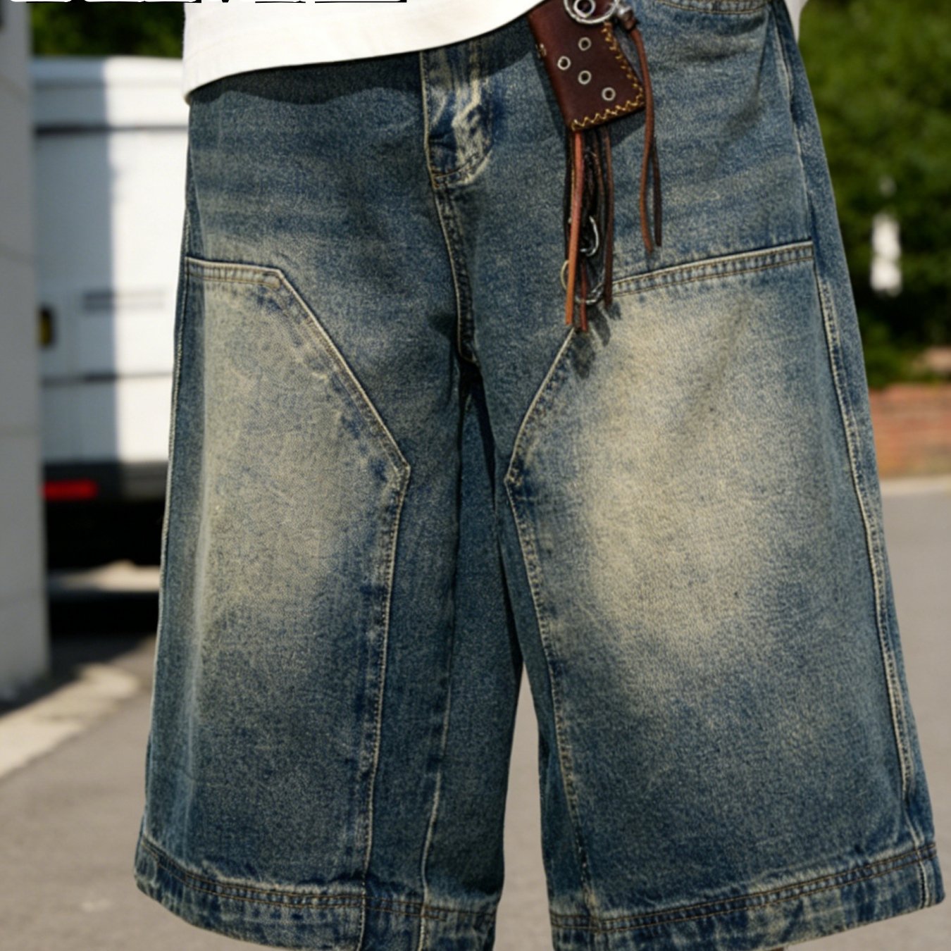 TEMU [hme] Z367 New Summer Men's Casual Denim Shorts, -street Light Luxury Denim, Heavy-washed, Non-stretch Loose Knee-length Straight Fit,