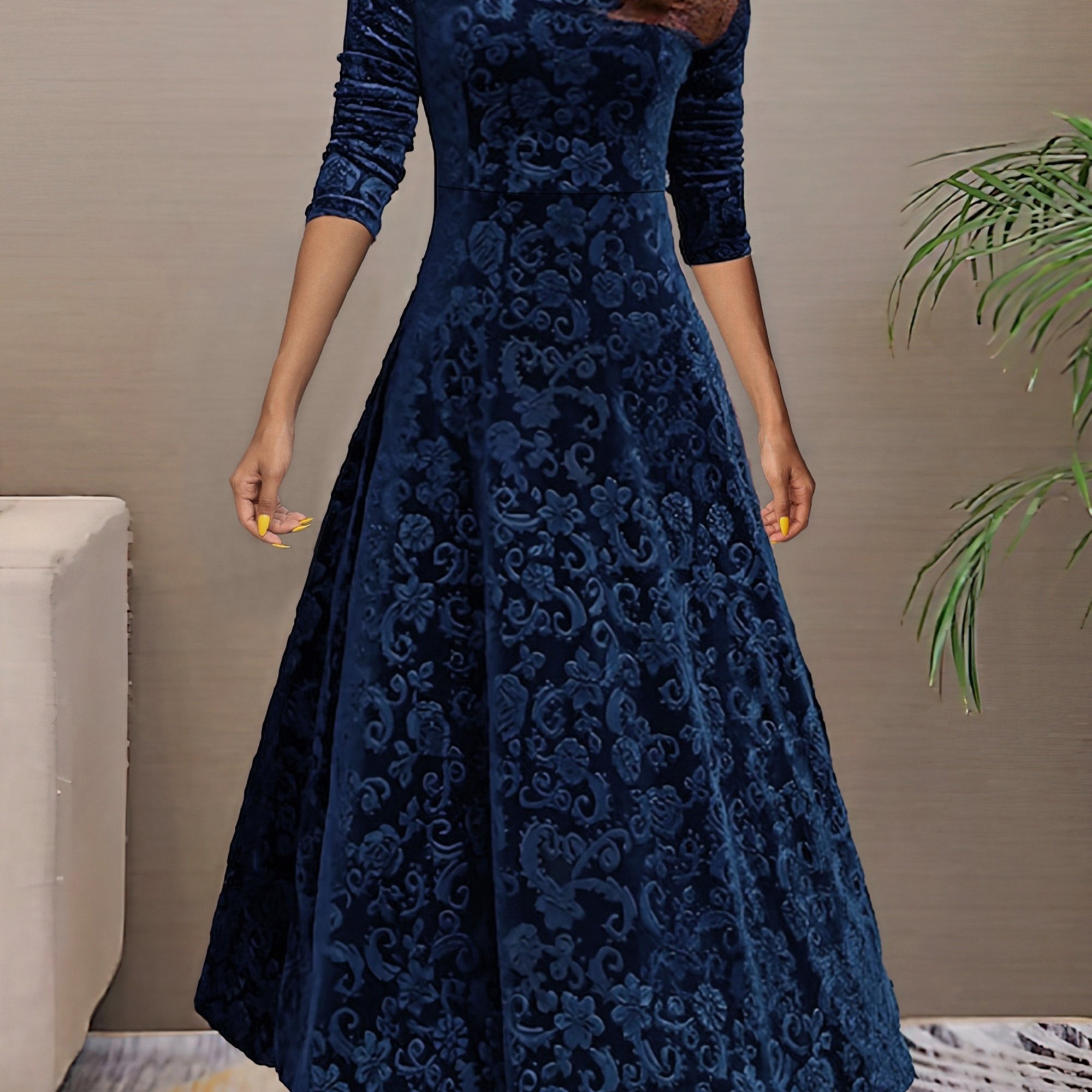 New A-line Dress For Women, Long Sleeve Velvet Maxi Dress
