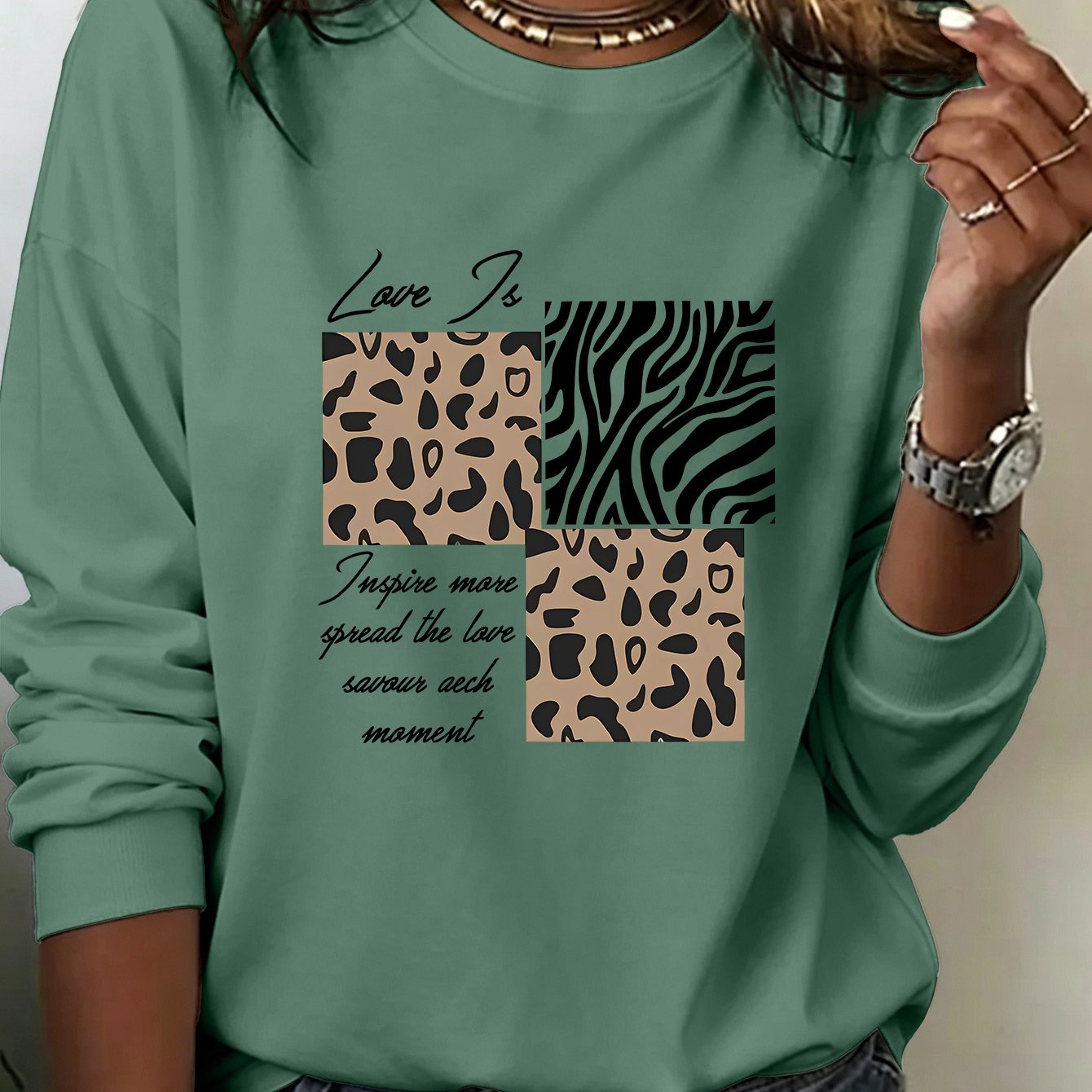 TEMU Women's New Crewneck Sweatshirt, Leopard And Zebra Print Inspirational Handwritten Letter Graphic. Suitable For Daily Wear, Festivals, Fitness,