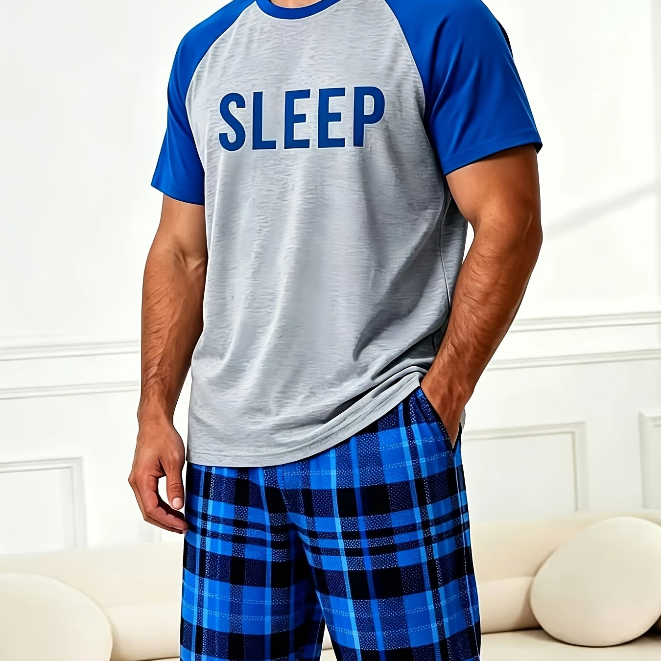 TEMU Men's Summer Minimalist Sporty Style Loungewear, Contrast Color Crew Neck Letter Print Short Sleeve With Classic Plaid Shorts, Loose Fit, Thin