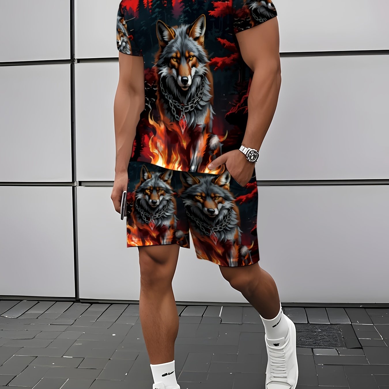 TEMU Men's Flame Wolf Pattern Short Sleeve T-shirt Set, Summer Trendy Printed Couple's Outfit, Fashionable Casual Top   Shorts