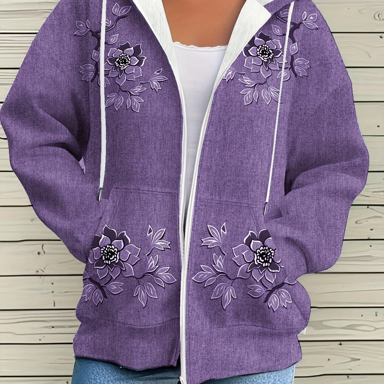 TEMU [printed Design â Not Textured] Vintage Floral Pattern Hooded Zip-up Cardigan, Women's Casual Hooded Outerwear For Daily , A Perfect And
