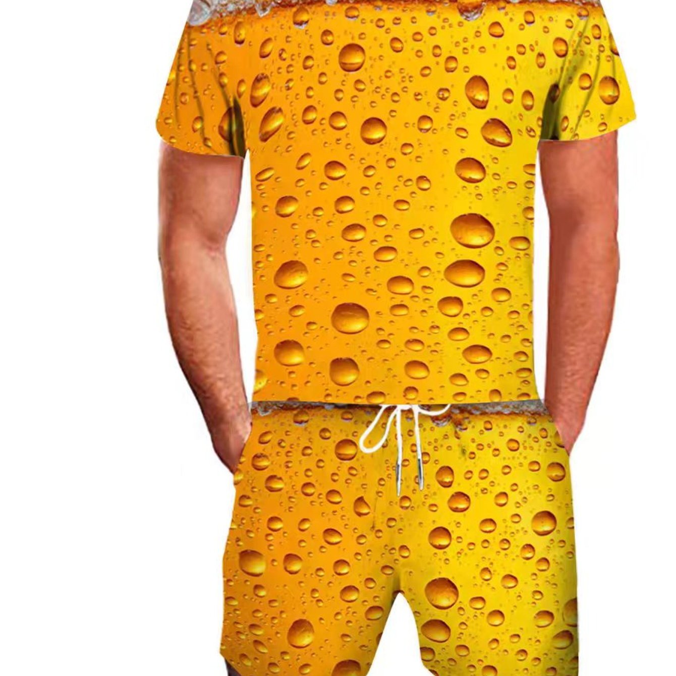 TEMU Men's Beer Foam Print T-shirt And Shorts Set, Cool 2pcs Outfit, Breathable Summer Style, Suitable For Oktoberfest And Outdoor Parties, Machine