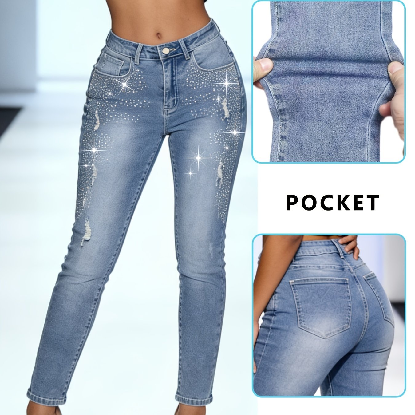 Image of Heavy-duty Rhinestone-embellished Stretch Women's Jeans, Versatile Ripped Skinny Pants
