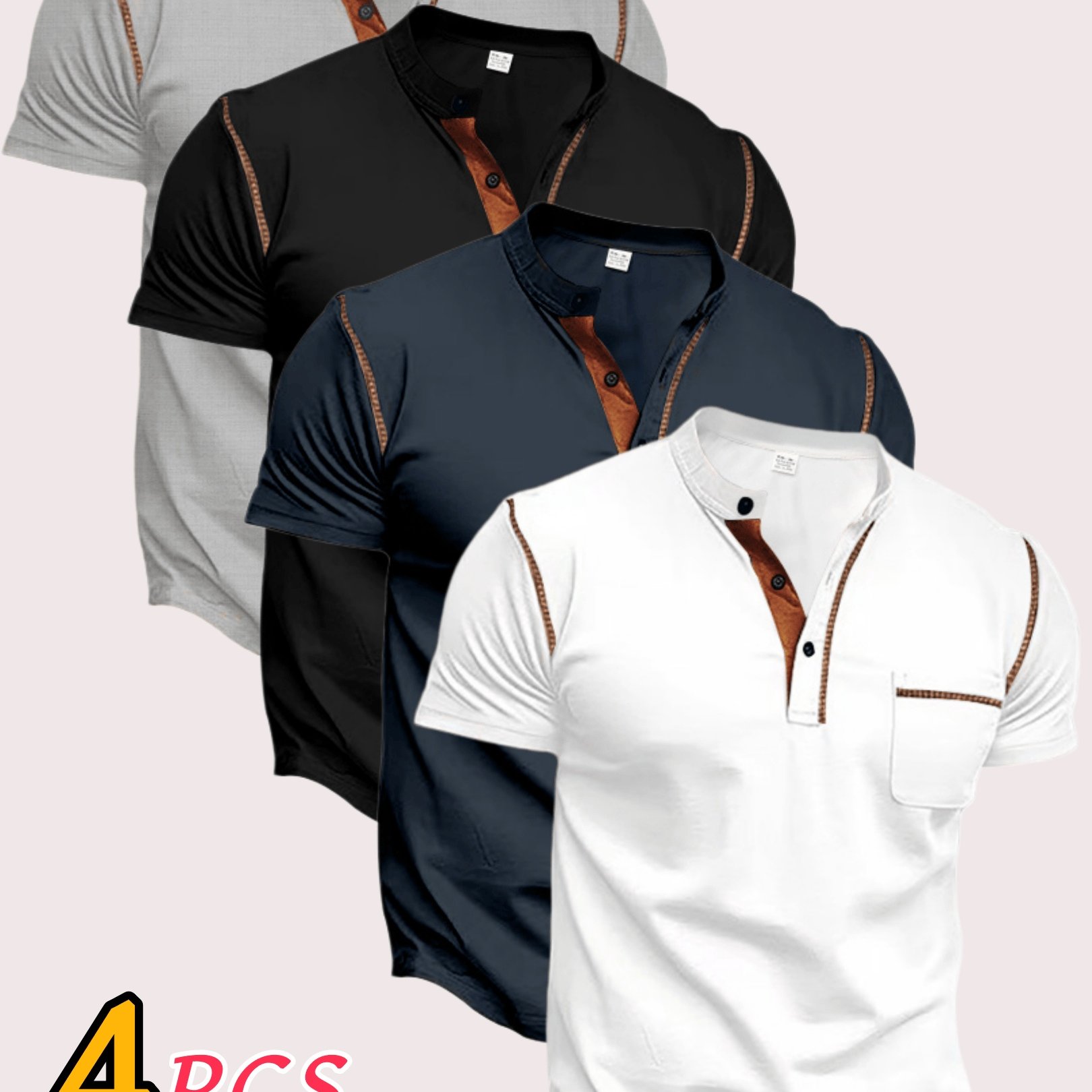 TEMU 4pcsmen's Casual Business Henley T-shirt, Slim Fit Short Sleeve With Contrast Trim, Breathable Tops For Office & Daily Wear
