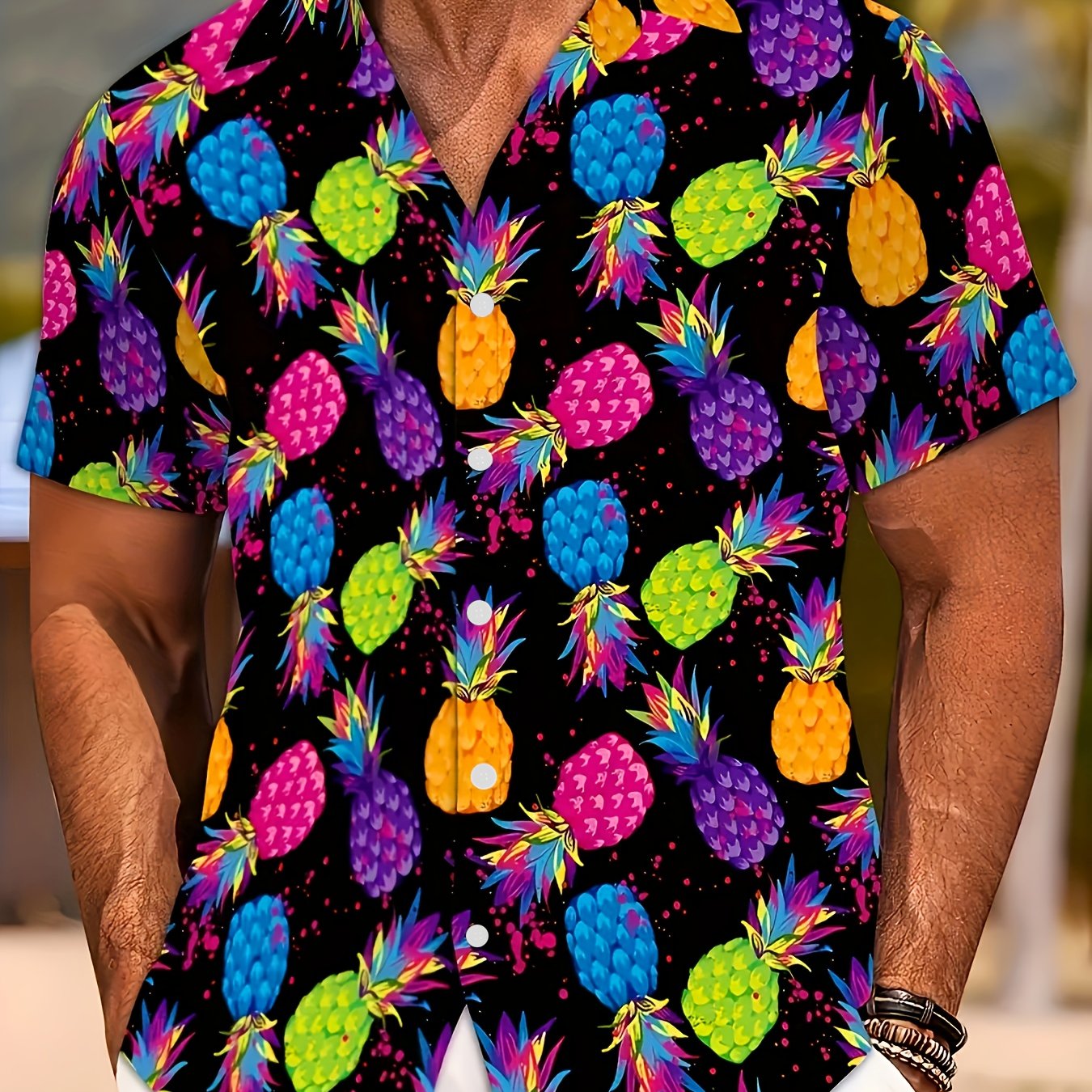 TEMU 1pc Men's Summer Casual Hawaiian Shirt - 100% Polyester, Vibrant 3d Pineapple Print, Short Sleeve, Lapel Collar, Single-breasted, Loose Fit,