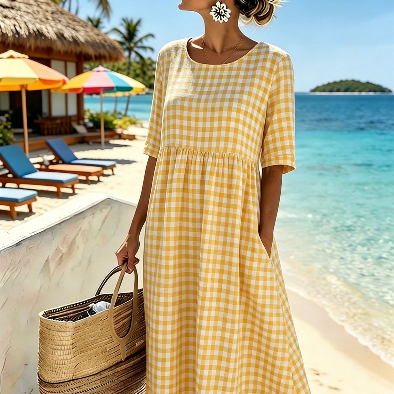 Women's Elegant Midi Dress - Casual 3/4-sleeve, Crew Neck, Loose-. Machine Washable. A Comfortable Beach And Vacation Dress, Perfect For Travel, Getaways, And Everyday