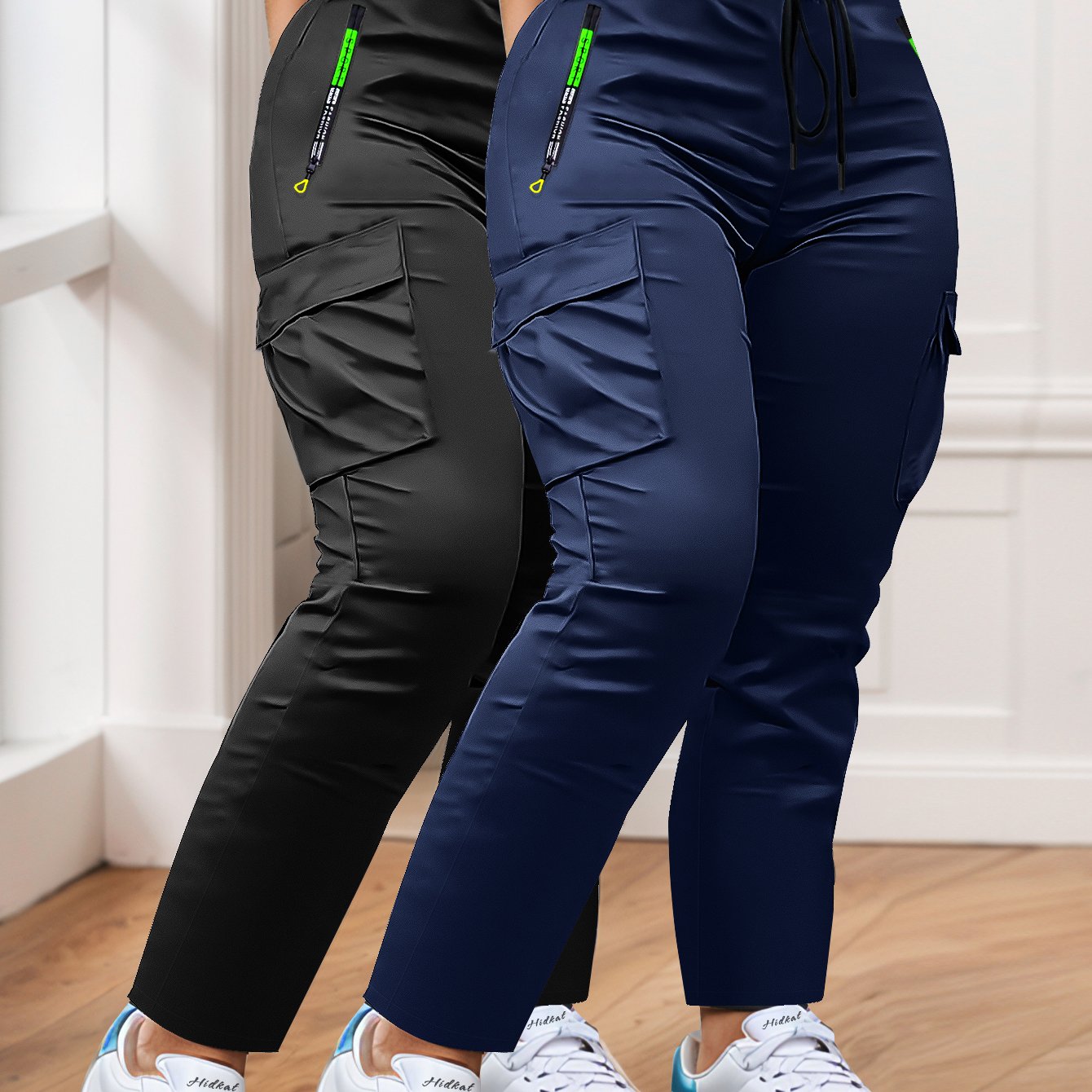 TEMU 2-pack Of Women's Multi-pocket Slim Cargo Pants, Drawstring Zip , Straight Leg Casual Trousers, Suitable For Outdoor Sports, Everyday Wear, And