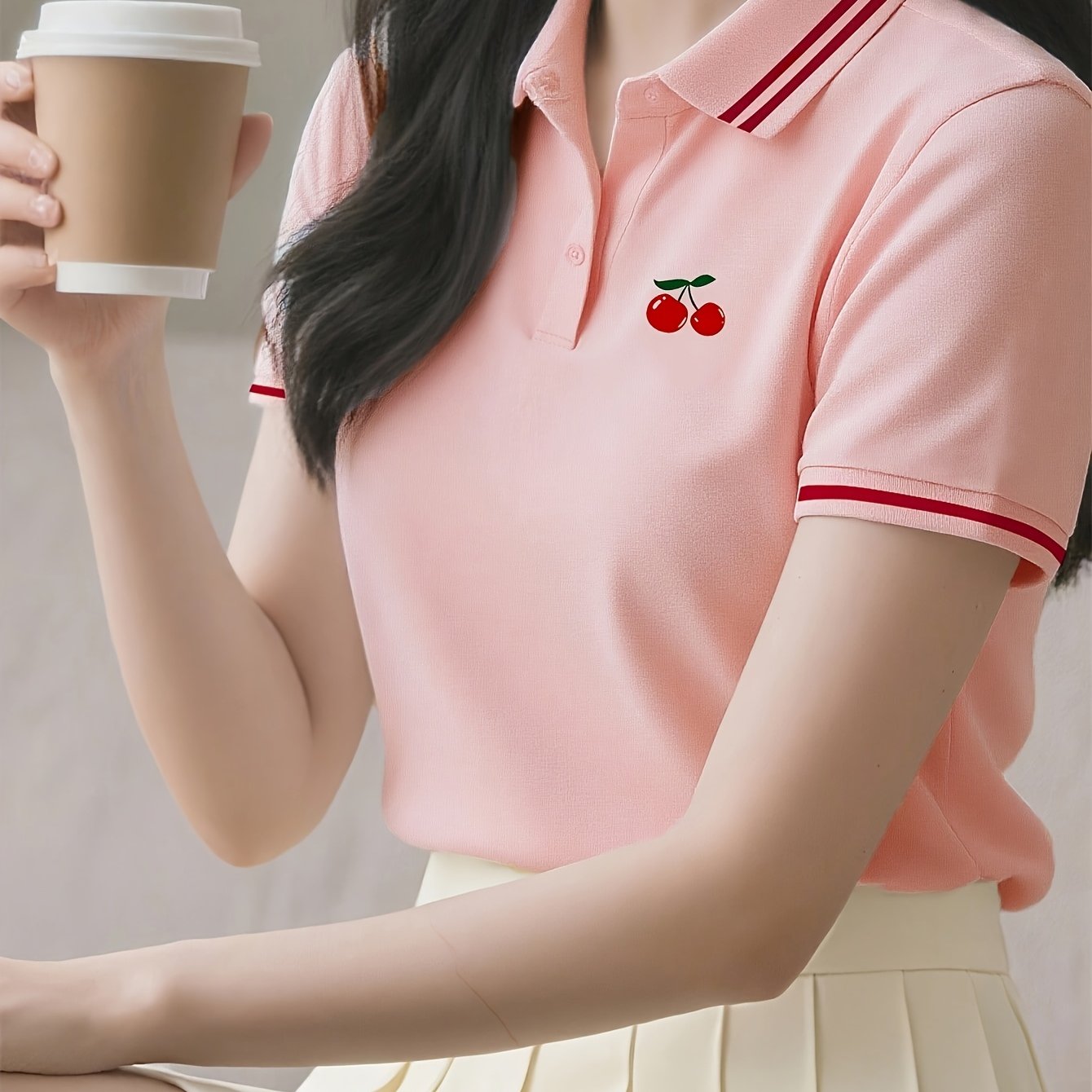 TEMU 체리 패턴과 브랜드 로고 프린트가 있는 여성용 폴로 셔츠 티셔츠, 패션 캐주얼 데일리 출퇴근 반팔, 봄/여름 휴가 스타일, 어버이날 라이트 럭셔리 쉬운 여성 탑