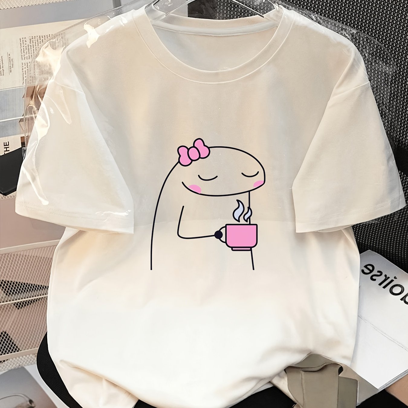 TEMU Women's Adorable Coffee Lover Print T-shirt, Casual Round Neck Short-sleeved Top, Cute Minimalist Summer T-shirt