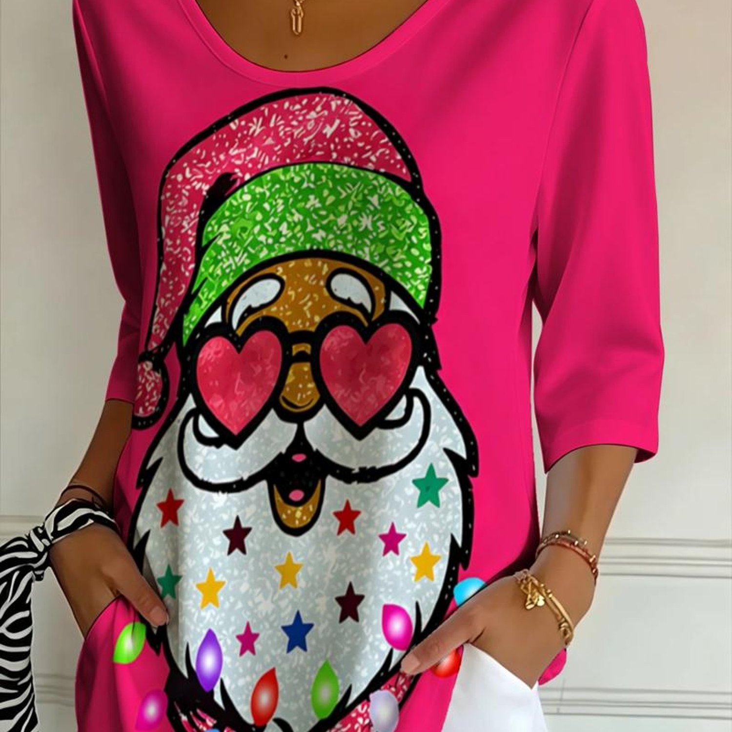 TEMU Women's Fashion V-neck 3/4 Sleeve T-shirt, Mixed Colors, Multiple Sizes Available, Santa Claus Design, Vibrant And Festive, Suitable For Daily