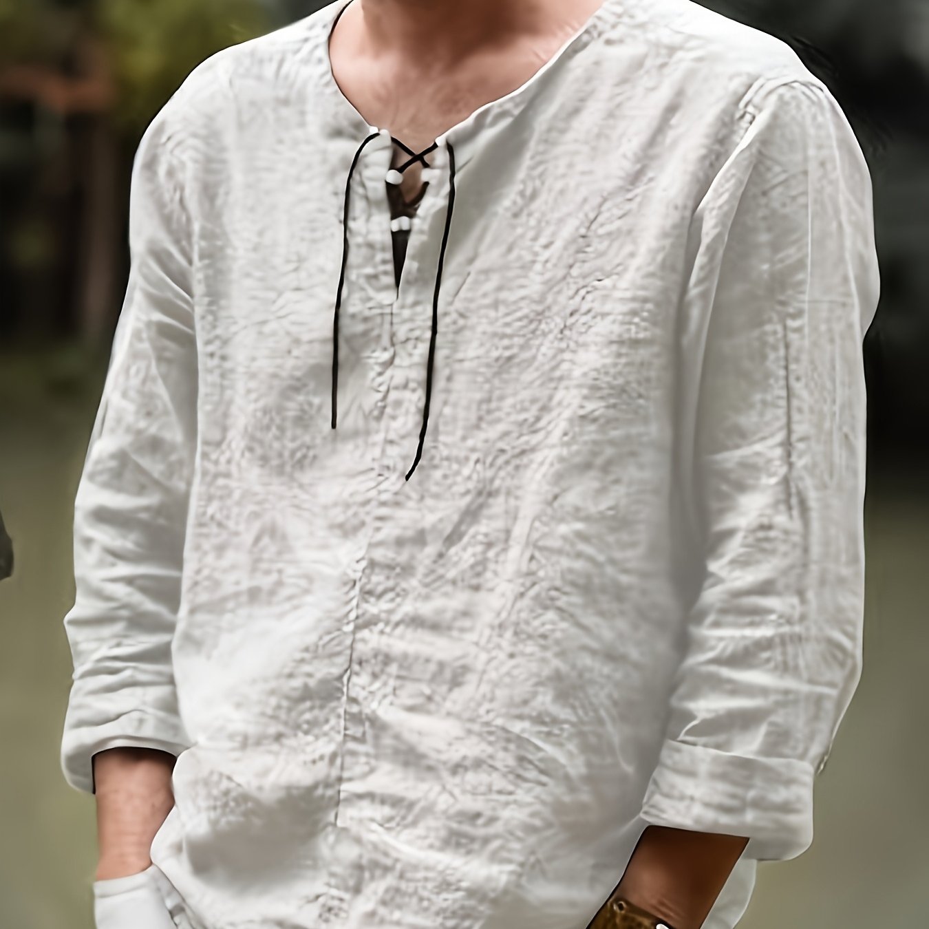 2023 Spring/autumn New European And Men's Casual Loose Solid Color Drawstring Long Sleeve Shirt Linen Stand Collar Shirt