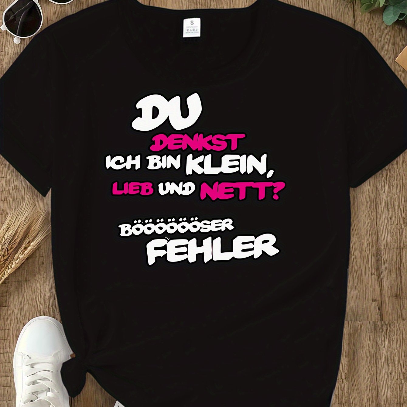 TEMU Womens Du Denkst Ich Bin Klein Lieb Und Nett Letter Printed T- Shirt, Short Sleeve Crew Neck Casual Top For Summer& Spring, Women' S Clothing