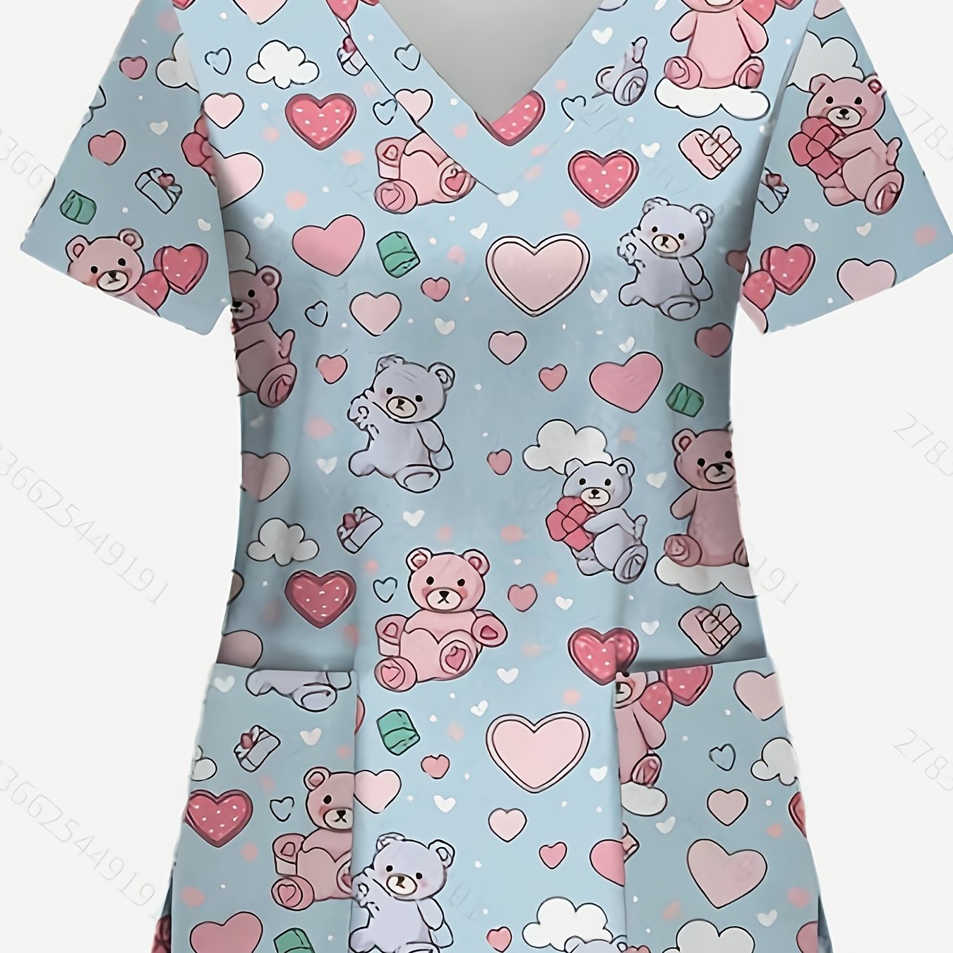 TEMU Popscrub Cartoon Bear And Heart Print Short-sleeve Nurse Top, Women's Style