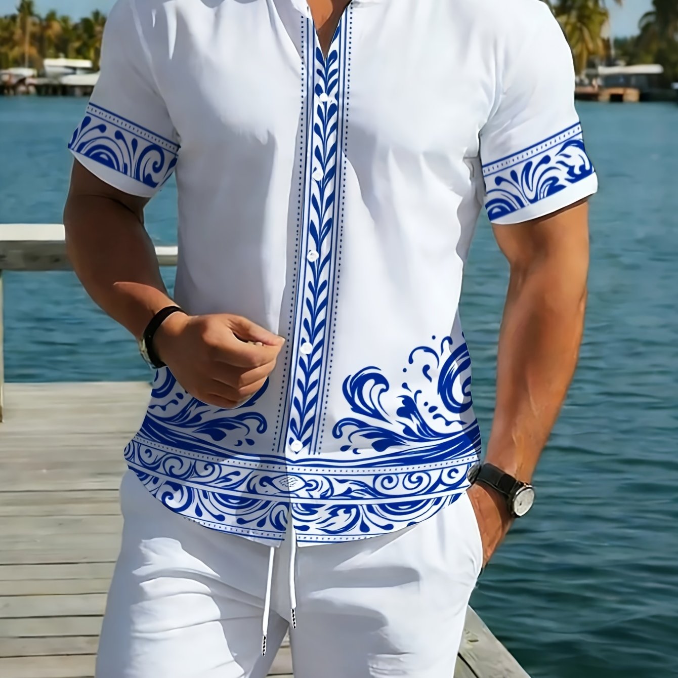 TEMU Men's Summer Shirt Set, White And Blue Pattern Perfectly , Men's Short-sleeve Shirt And Shorts 2pcs Set