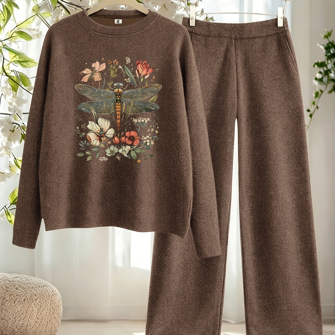 TEMU New Arrival Women's Fall Winter Thick 2pcs Outfit, Printed Loose Crew Neck Pullover Top Straight Leg Pants Set, Fashion Casual Long Sleeve Warm