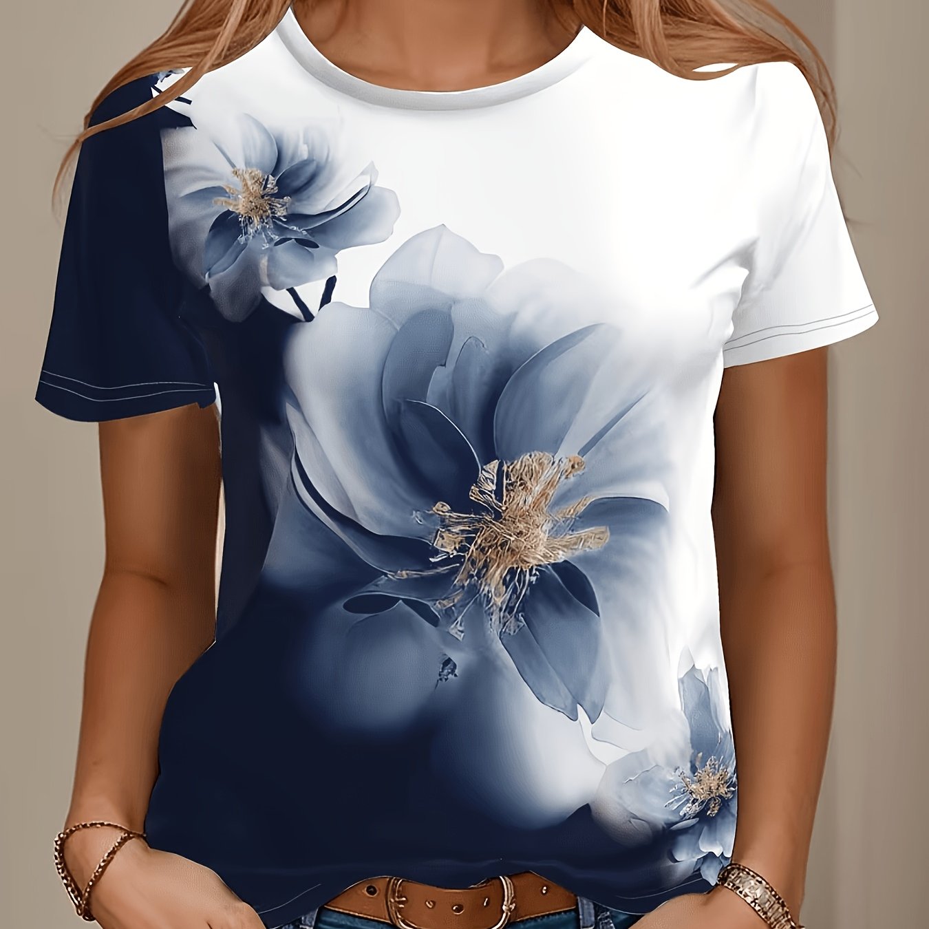 TEMU Blue And White Gradient Ink Wash Floral Print Short Sleeve T-shirt, Round Neck Casual Top, Artistic And Versatile Style, Outdoor Daily ,