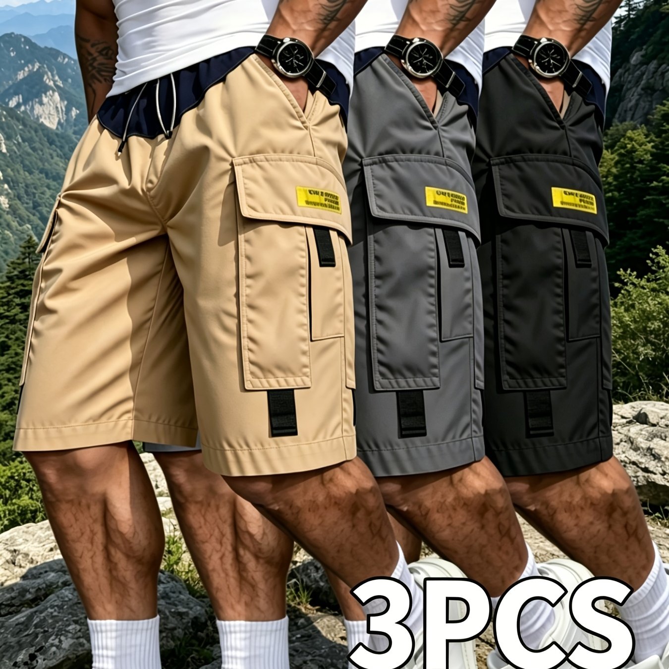 TEMU 3pcs Men's Outdoor Hiking Shorts, Casual Sports Sweat-wicking Short Pants With Storage Pockets, Adjustable Drawstring Elastic Waist, Loose Fit,