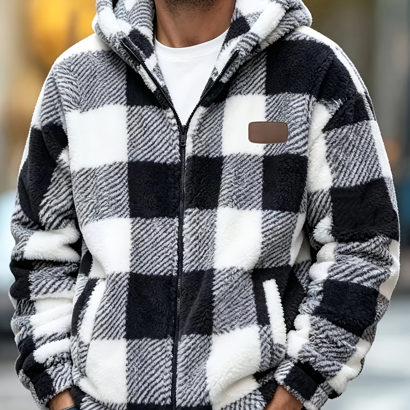 TEMU Men's Double-faced Fleece Brushed Long Sleeve Hooded Winter Casual Velvet Jacket Black And White Jacket